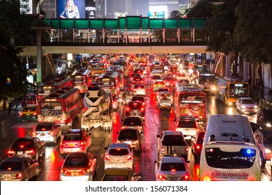 Bangkok, Thailand - Sep 10: Bad traffic on rainy night at Central World, Bangkok, Thailand on September 10, 2013.