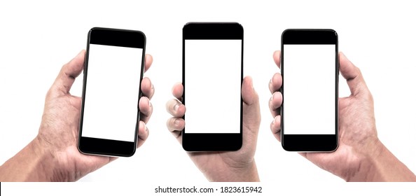 Bangkok, Thailand - Sep 15, 2020 : Set of female hand holding the black smartphone iphone with blank screen and modern frameless design in two rotated perspective positions. - Shutterstock ID 1823615942