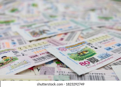 Bangkok, Thailand - Sep 17,2020 :  Close Up Thai Lottery Tickets And Thai Calendars With Red Marked Of Check Out Lottery Date.