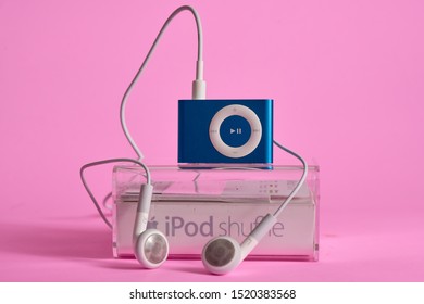 BANGKOK, THAILAND - SEP 22, 2019: Blue iPod shuffle on pink background with copy space. Apple Inc. Product
