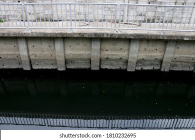 Bangkok, Thailand - Sep 7,2020 : Polluted Black Dirty Wastewater Canal In City Community Of Bangkok.