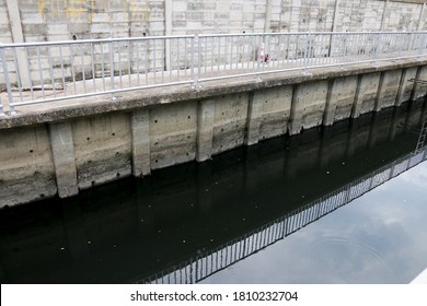 Bangkok, Thailand - Sep 7,2020 : Polluted Black Dirty Wastewater Canal In City Community Of Bangkok.