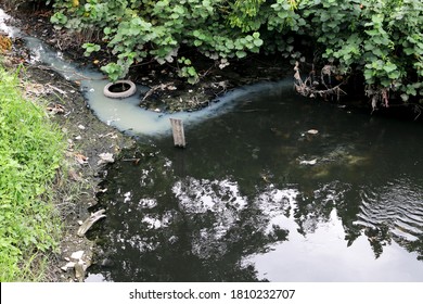 Bangkok, Thailand - Sep 7,2020 : Polluted Black Dirty Wastewater Canal In City Community Of Bangkok.