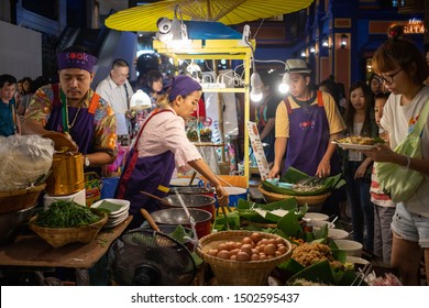 Bangkok, Thailand, Sep 8, 2019 - Customers Buying Thai Street Food At Night Market Held In Iconsiam Shopping Mall