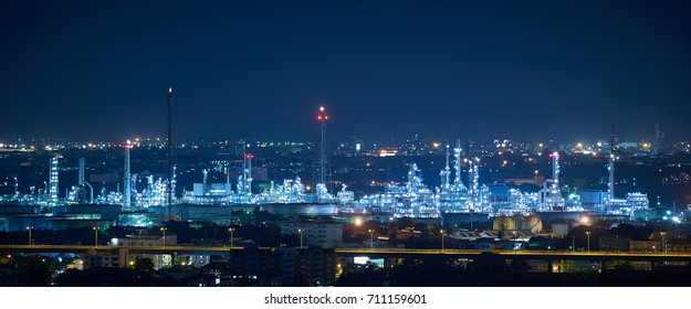 BANGKOK, THAILAND - SEPTEMBER 1, 2017: Oil Refinery Facility Glows Bright At Night Time From Night Shift Operation.