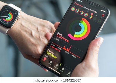 Bangkok, Thailand - September 11, 2020: Apple Activity On Iphone Sync With Apple Watch Displaying Body Moving Calories And Execise Time For Fitness And Health Care 