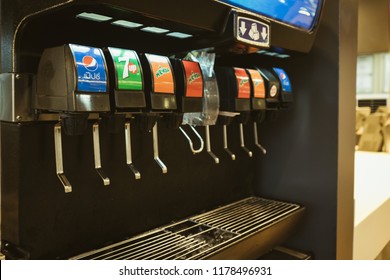 BANGKOK THAILAND - September 13, 2018: Beverage Soda Fountain System Machine At KFC Restaurant In Bangkok , Selective Focus