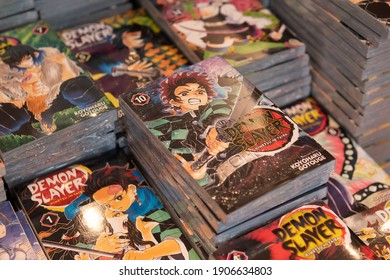 Bangkok, Thailand - September 14, 2020 : Kimetsu no Yaiba or Demon Slayer, Japanese manga series, books were displayed in a book store.