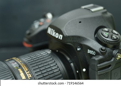 BANGKOK ,THAILAND - SEPTEMBER 14,2017 ; Close Up Of Nikon D850 Full Frame 45.7 MP Digital SLR Camera It Can Shoot Up To 9 FPS With Its Back-illuminated Image Sensor.