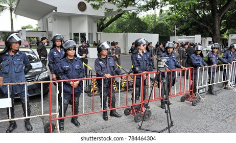 Bangkok, Thailand - September 18, 2012: Riot Police Standby Outside The United States Embassy As Muslims Protest Against The Controversial Film Innocence Of Muslims And US Foreign Policy. 