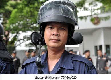 Bangkok, Thailand - September 18, 2012: Riot Police Officer Standsby Outside The United States Embassy As Muslims Protest Against The Controversial Film Innocence Of Muslims And US Foreign Policy. 