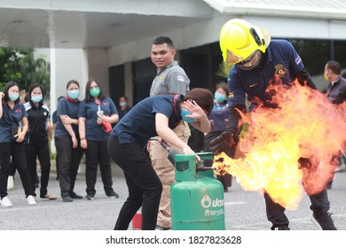 Bangkok, Thailand - September 18, 2020 : Many Working People Preparedness For Fire Drill Or Other Disaster At Office In Bangkok Thailand