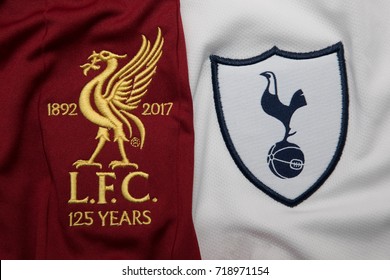 BANGKOK, THAILAND - SEPTEMBER 19: The Logo of  Liverpool and Tottenham Hotspur on Football Jerseys on September 19,2017 in Bangkok Thailand.