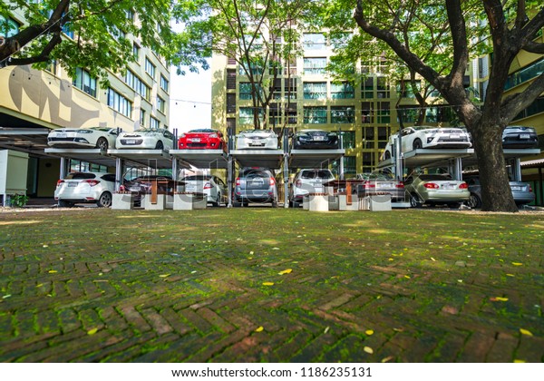 Bangkok, Thailand - September 20, 2018: Multi\
level Car Parking System, Automated car parking system in Bangkok,\
Thailand.