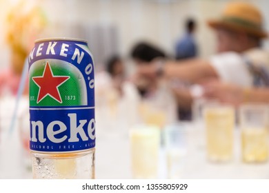 BANGKOK, THAILAND- September 23, 2018: Can Of Heineken Non-alcoholic 0.0 Halal Beer With Blurred The Party.