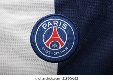BANGKOK, THAILAND -SEPTEMBER 24, 2014: the logo of Paris Saint Germain  football club on an official jersey on 24 September 2014 in Bangkok Thailand.