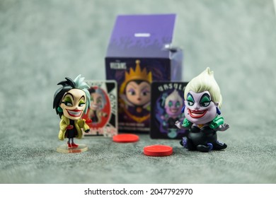 Bangkok, Thailand - September 26, 2021 : Villain Series Blind Box X MINISO, Cute Toy Of Cruella De Vil And Ursula Sell In Thailand