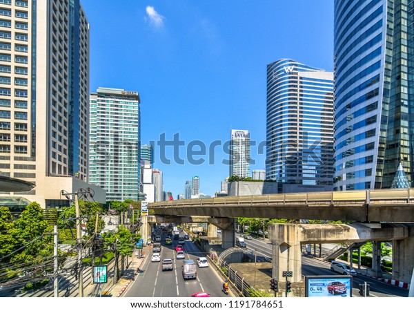 Bangkok, Thailand - September 29, 2018 :\
City scape view from sky walk link to Chongnon BTS station,\
business area Satorn and Narathiwat road\
Intersection