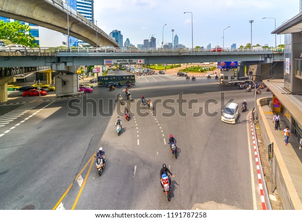 Bangkok, Thailand - September 29, 2018 :\
City scape of traffic view from sky walk Saladeang BTS station,\
business area Rama 4 and Silom road\
Intersection