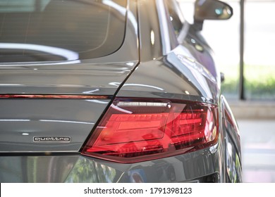 BANGKOK, THAILAND - SEPTEMBER 29 , 2020: Close up of taillight of Audi TT with reflection on grey paint. Sports car after paint polish & ceramic coat. Car detail & paint protection background.  - Shutterstock ID 1791398123