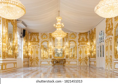 Bangkok, Thailand - September 3, 2020 : interior view of luxury mirror room or hall decorated with chandelier, nobody