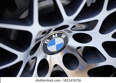 BANGKOK, THAILAND - SEPTEMBER 5, 2020: BMW M4 alloy wheel after ceramic coat. Close up of M Power rims with Mercedes logo after polishing & coating. OEM car wheel background. Selective focus