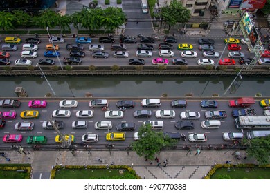 BANGKOK, THAILAND - SEPTEMBER 8: Many cars stuck in traffic jam on September 8,2016 in Sathorn, Bangkok, Thailand. Shot from top of a building