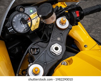 Bangkok, Thailand-05-30-2021: Motorcycle Yellow-Black Yamaha YZF R1, Part No. Yam-YZF1000, Top View