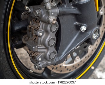 Bangkok, Thailand-05-30-2021: Motorcycle Yellow-Black Yamaha YZF R1, Part No. Yam-YZF1000, Motorcycle Brake.