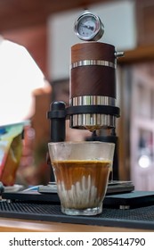 Bangkok Thailand:1Dec2021: Dirty Coffee, Coffee Milk With Manual Espresso Machine Called Cycle Espresso Maker