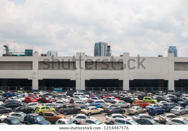 Bangkok Thailand-22 Oct 2018 : car park have many\
cars in row are tidy