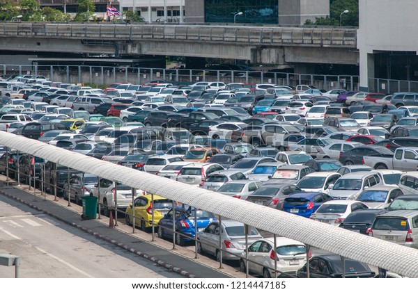 Bangkok Thailand-22 Oct 2018 : car park have many\
cars in row are tidy