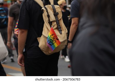 Bangkok, Thailand-31 Oct 2021: 'Abolish Lèse-majesté Section 112' Flag On A Protester's Backpack In The Mob Call For Monarchy Reform On Ratchaprasong Intersection.