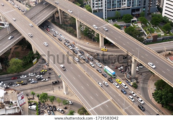 Bangkok,\
Thailand/April,28,2020: Traffic of street and express way in\
daytime during Covid19\
situation.