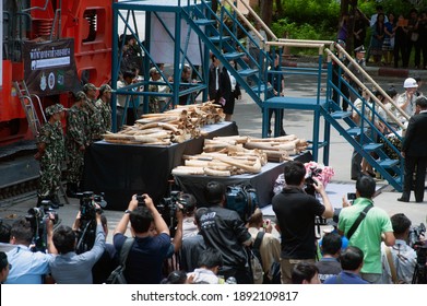 BANGKOK ,THAILAND-AUGUST 26 , 2015 : Government officials An unknown man is destroying the seized ivory. From illegal ivory traders in Thailand This policy is set by the United Nation Organization.