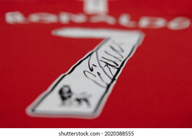 BANGKOK, THAILAND-AUGUST 8: View Of Manchester United 2008 Jersey With Cristiano Ronaldo His Autograph As A Sport Memorabilia On August 8,2021