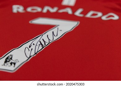 BANGKOK, THAILAND-AUGUST 8: View Of Manchester United 2008 Jersey With Cristiano Ronaldo His Autograph As A Sport Memorabilia On August 8,2021