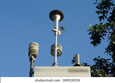 Bangkok Thailand-January 8,2021: Air Pollution Detectors Equipment For Measuring Air Quality, Pm 2.5, Tree And Blue Sky Background.