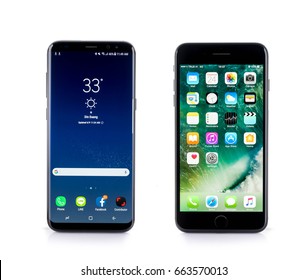BANGKOK, THAILAND-June 9th 2017: Samsung Galaxy S8+, S8 Plus side by side comparison with Iphone7 Plus on white background
