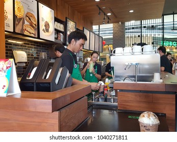 Bangkok ,Thailand-march 2 : Starbucks Staff On 2 March 2018 At Robinson Department Store, Bangkok, Thailand. 