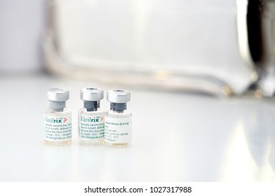 Bangkok ,Thailand,Nov 23,2017,Varilrix Vaccine Bottles Used For Prevent Shingles Or Herpes Zoster Or Chicken Pox In Long Life Protection