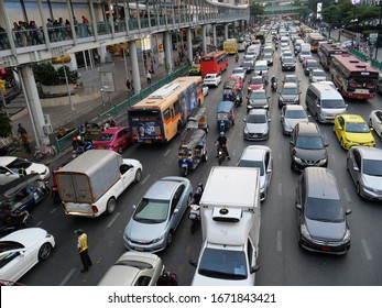 Bangkok, Thailand-November 15, 2019: Traffic Jam In The Asian Capital City Of Bangkok. Land Vehicle Is On The Road.