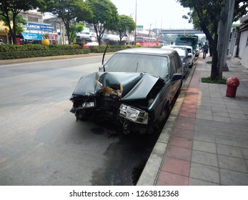 Bangkok, Thailand-November 21, 2018: the front car which was demolished by an accident The driver is safe with the safety of the European car safety system.