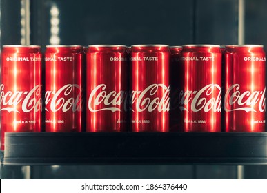 BANGKOK, THAILAND-November 30, 2020: Can of Coca-Cola in refrigerator . Coca-Cola is a carbonated soft drink sold in stores, throughout the world.