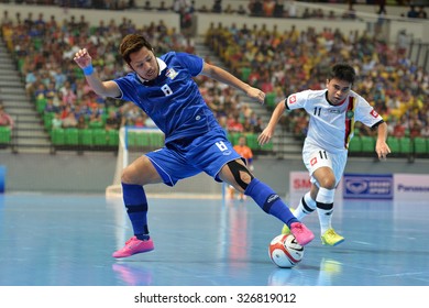 BANGKOK THAILAND-OCT11:Jetsada Chudech(Blue) Of Thailand Celebrates During 2015 AFF Futsal Championship Match Between Thailand And Brunei At Bangkok Arena Stadium On October11,2015 In Thailand