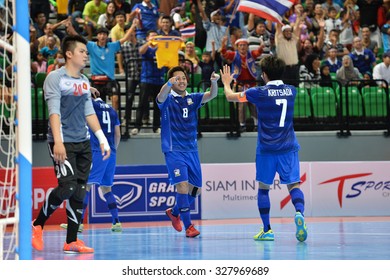 BANGKOK THAILAND-OCT14:Jetsada Chudech(Blue) Of Thailand Celebrates During 2015 AFF Futsal Championship Match Between Thailand And Vietnam At Bangkok Arena Stadium On October14,2015 In Thailand