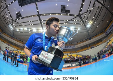 BANGKOK THAILAND-OCT16:Jetsada Chudech Celebrates Winning The Gold Medal During 2015 AFF Futsal Championship Match Thailand And Australia At Bangkok Arena Stadium On October16,2015 In Thailand