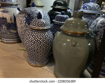 Bangkok-Sep. 27 2022:TONPO Various Blue And White Porcelain Decorative Jars In A China Shop At First Floor In The Market Bangkok Mall.