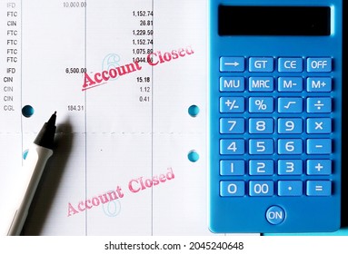 Bangkok,Thailand -10Sep2021- Calculator, Pen, Bank Passbook Stamp ACCOUNT CLOSED, Concept Of Bank Account Was Terminated Or Deactivated , Withdraw To Zero Balance Left , Unable To Do Any Transaction