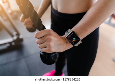 Bangkok,Thailand ,11 Sep 2018 : Close Up Of Apple Watch Home Time Screen View Young Asia Woman Workout Fitness Gym